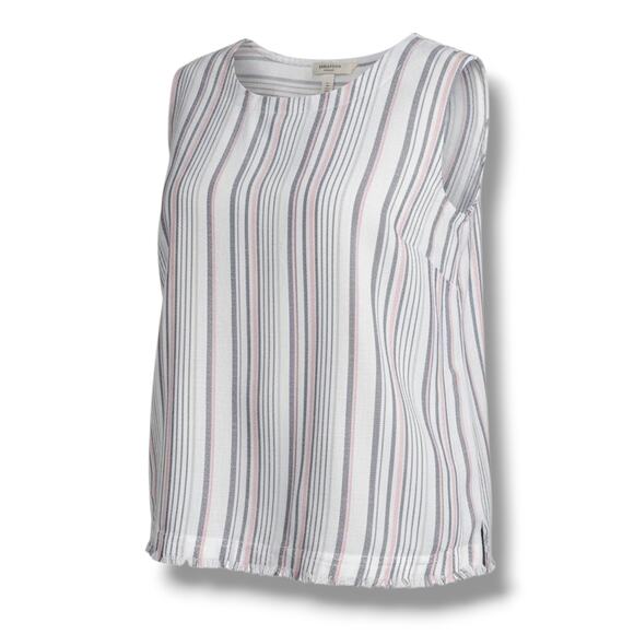 Liz Claiborne Women’s Linen Blend Striped Sleeveless Top Fringe Hem Casual Tank - Picture 2 of 7